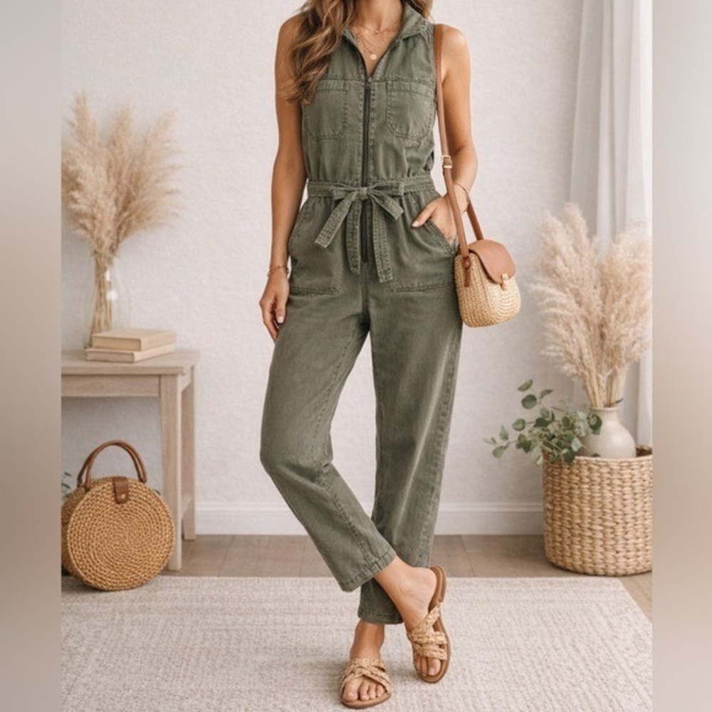 Abercrombie & Fitch Olive Green Lyocell Belt Zip Utility Jumpsuit Sleeveless XS